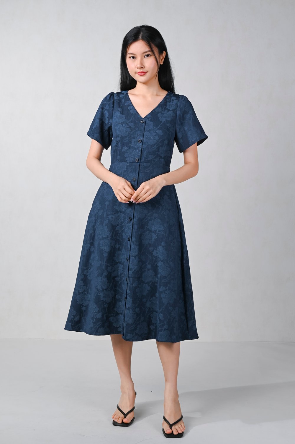 GRIER NAVY FLORAL SLEEVED BUTTON MIDI DRESS