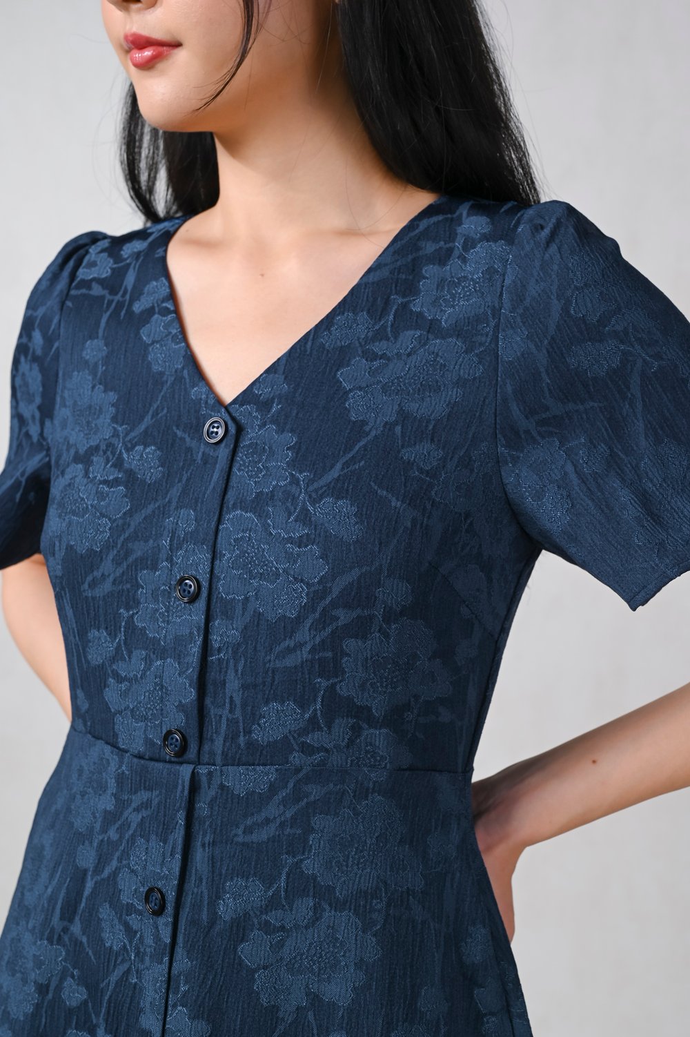 GRIER NAVY FLORAL SLEEVED BUTTON MIDI DRESS