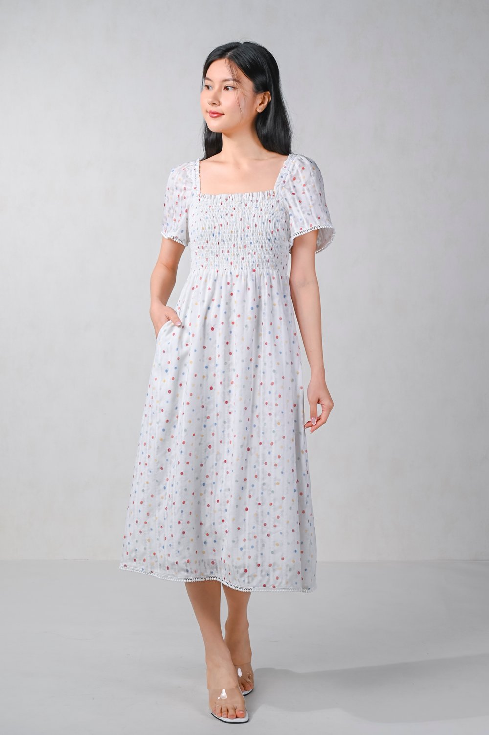 TANINDRA POLKA SMOCKED MIDI DRESS