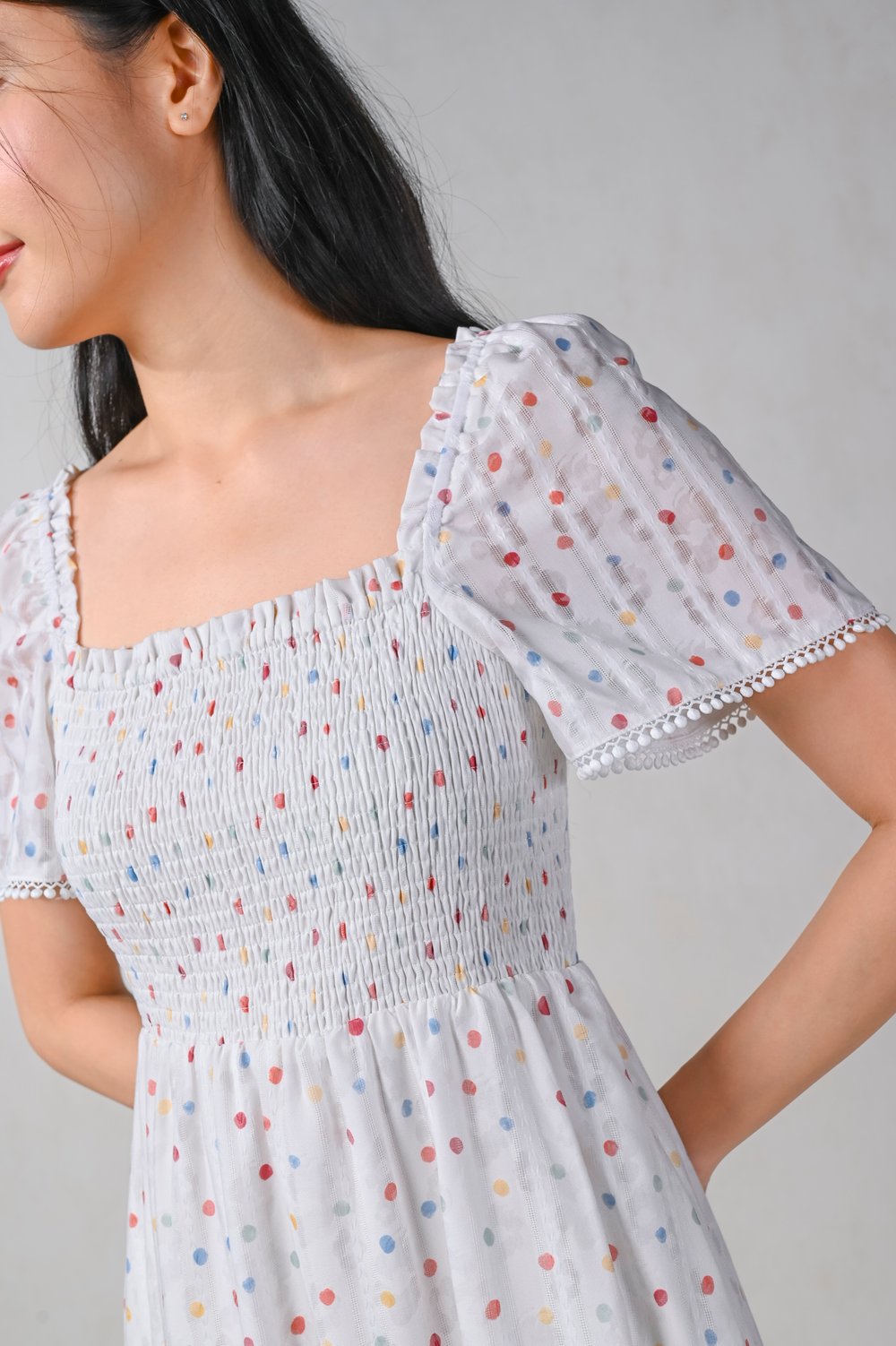 TANINDRA POLKA SMOCKED MIDI DRESS