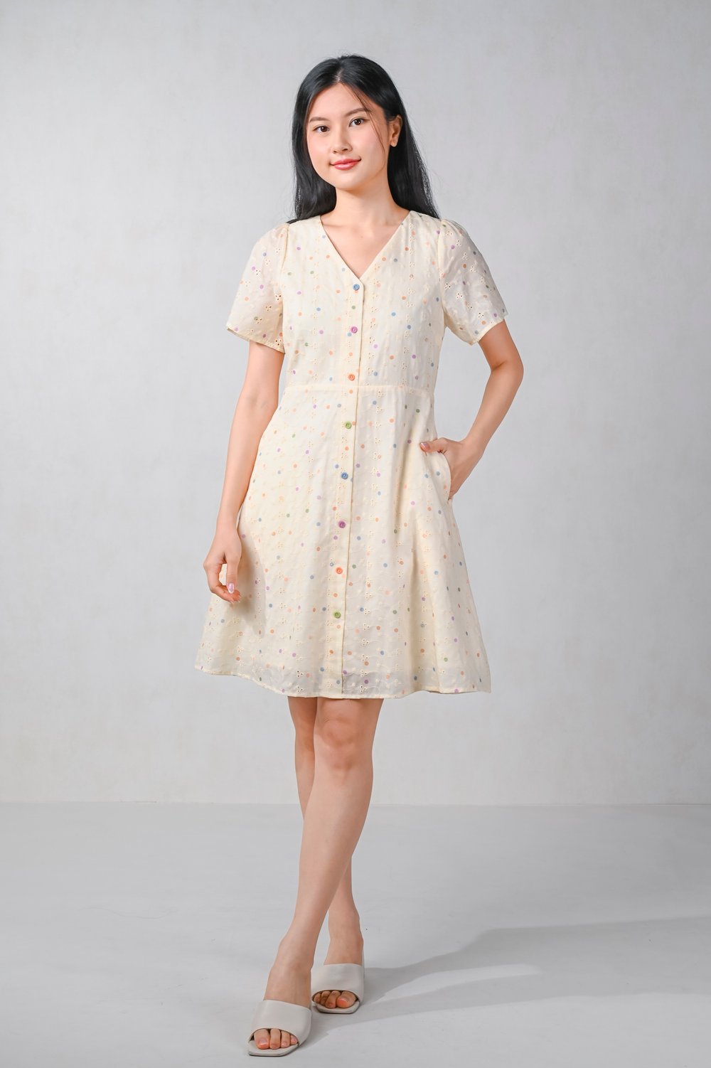HARLYN EYELET POLKA SLEEVED BUTTON DRESS