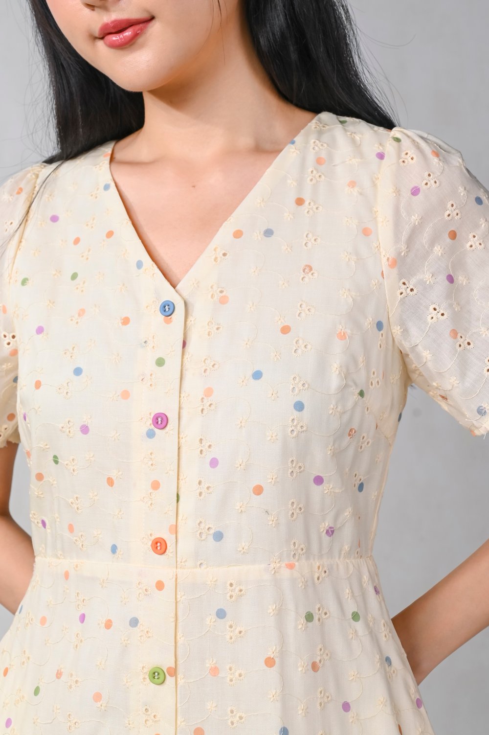 HARLYN EYELET POLKA SLEEVED BUTTON DRESS