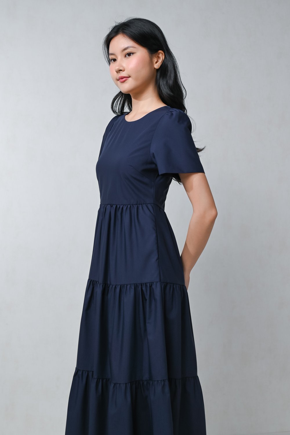 KIT ROUND-NECK SLEEVED TIERED MIDAXI DRESS IN NAVY