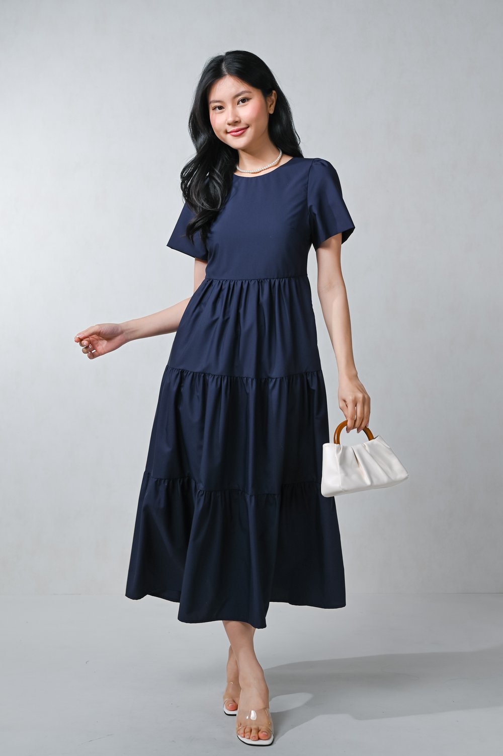 KIT ROUND-NECK SLEEVED TIERED MIDAXI DRESS IN NAVY