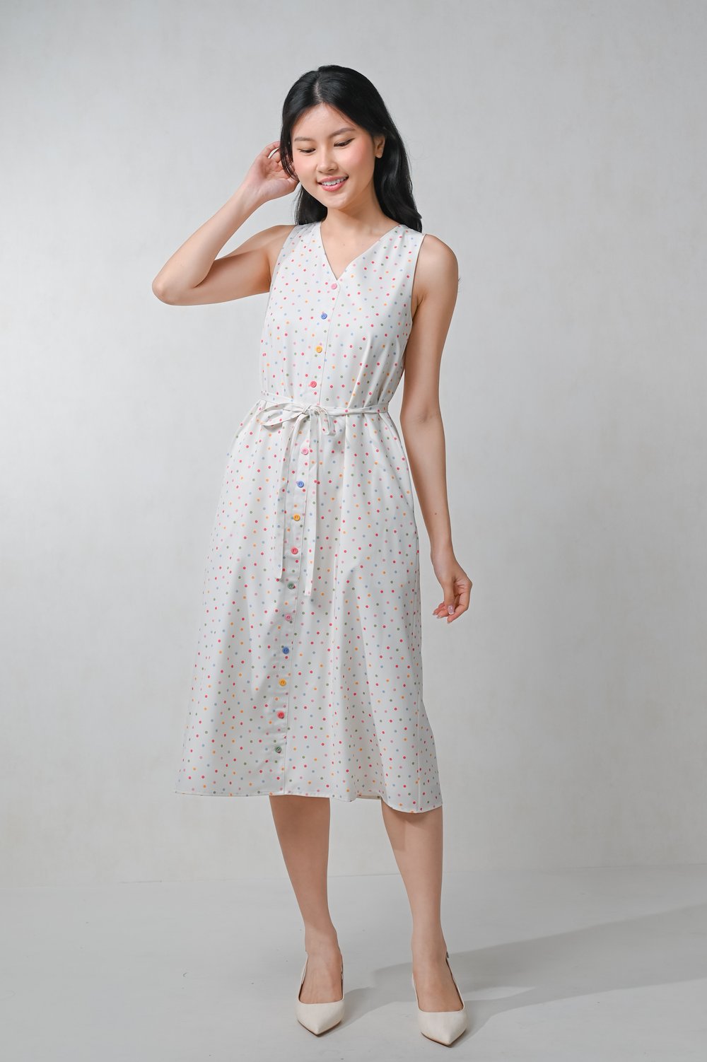 WONDER POLKA SLEEVELESS BUTTON DRESS