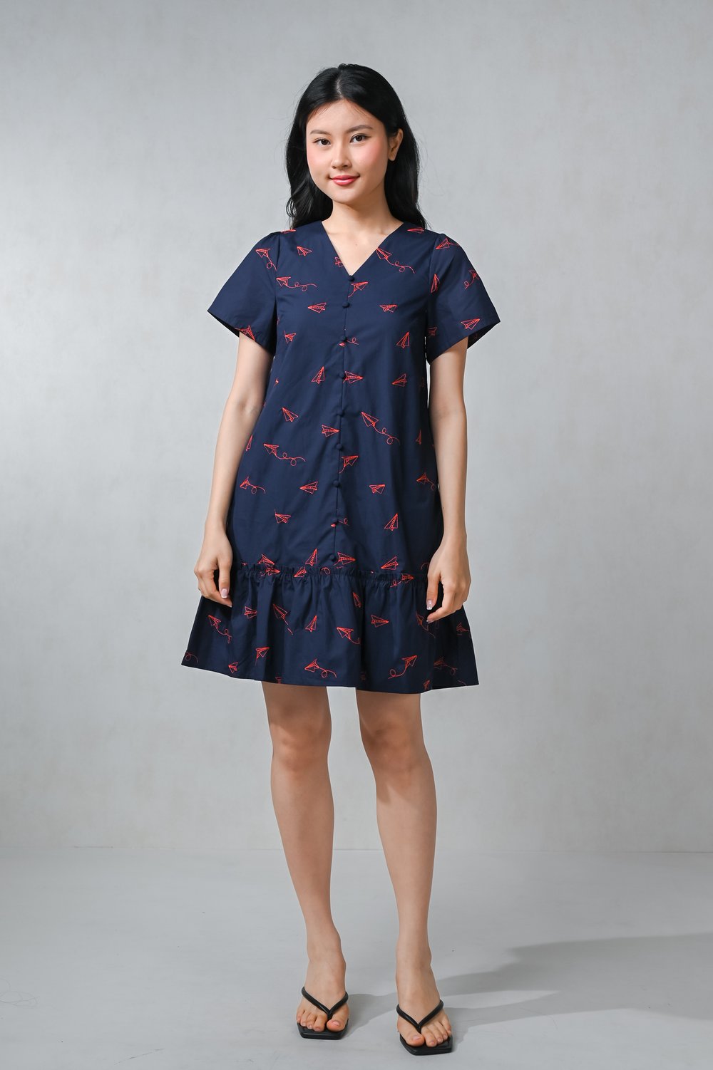 PAPER PLANE ON NAVY SLEEVED BUTTON DRESS