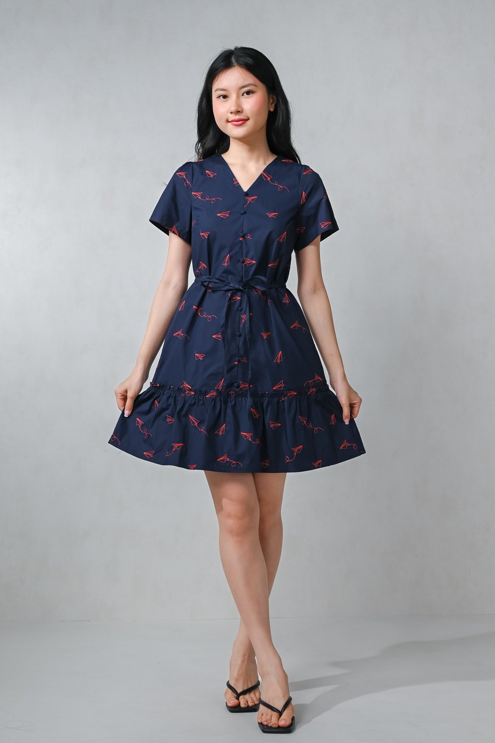 PAPER PLANE ON NAVY SLEEVED BUTTON DRESS