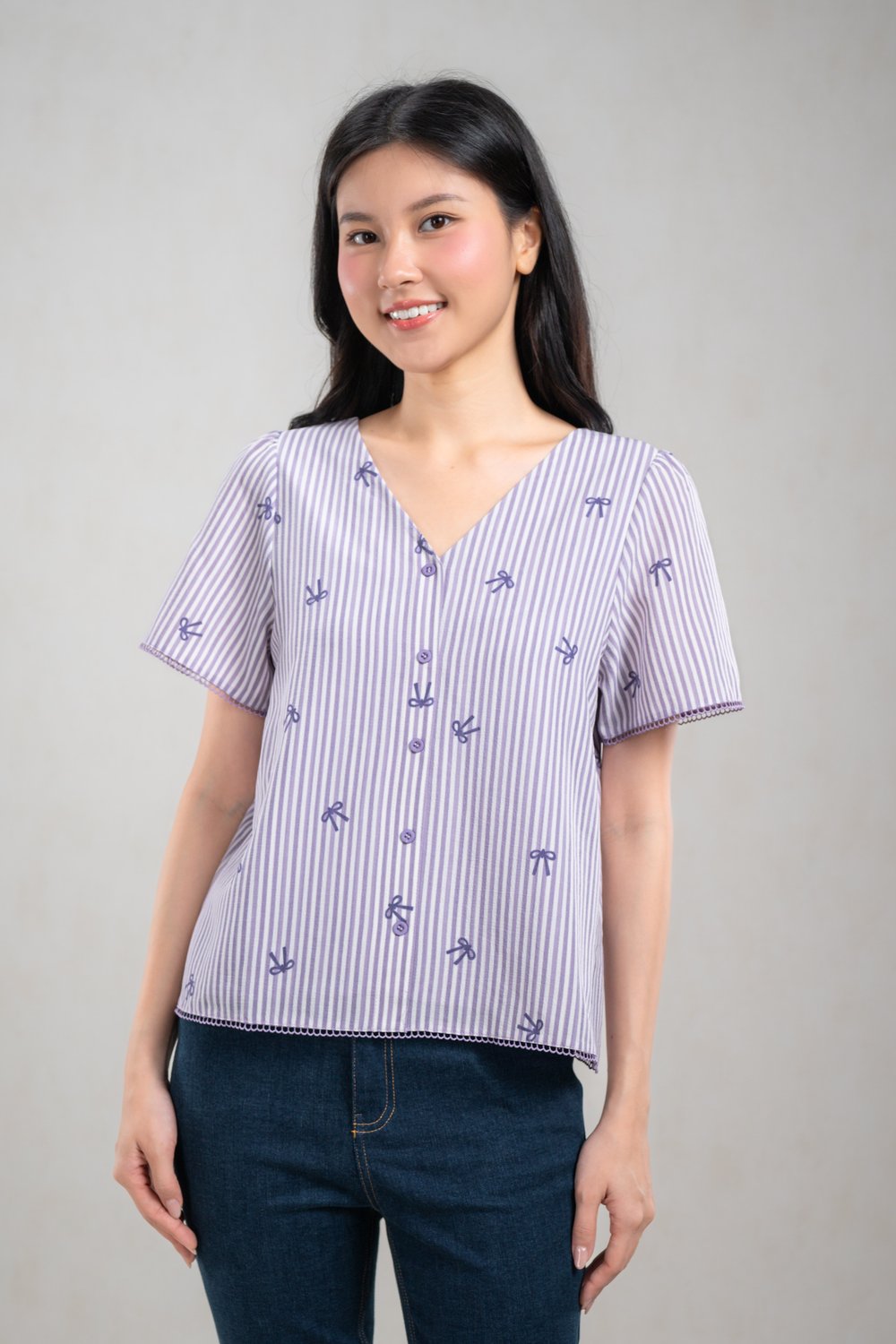 CARLY LILAC RIBBONS SLEEVED BUTTON TOP