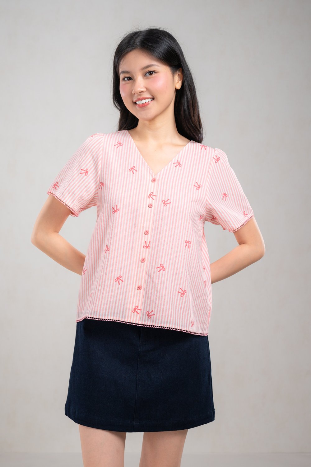 CARLY PINK RIBBONS SLEEVED BUTTON TOP