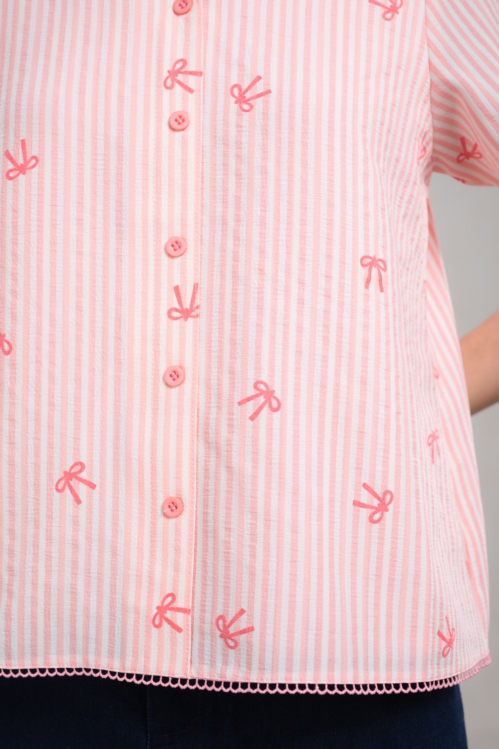 CARLY PINK RIBBONS SLEEVED BUTTON TOP