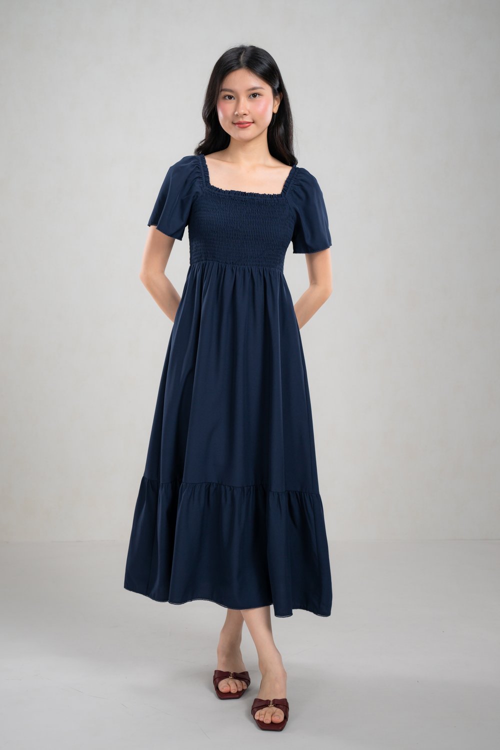 HALLIE NAVY SMOCKED MIDI DRESS