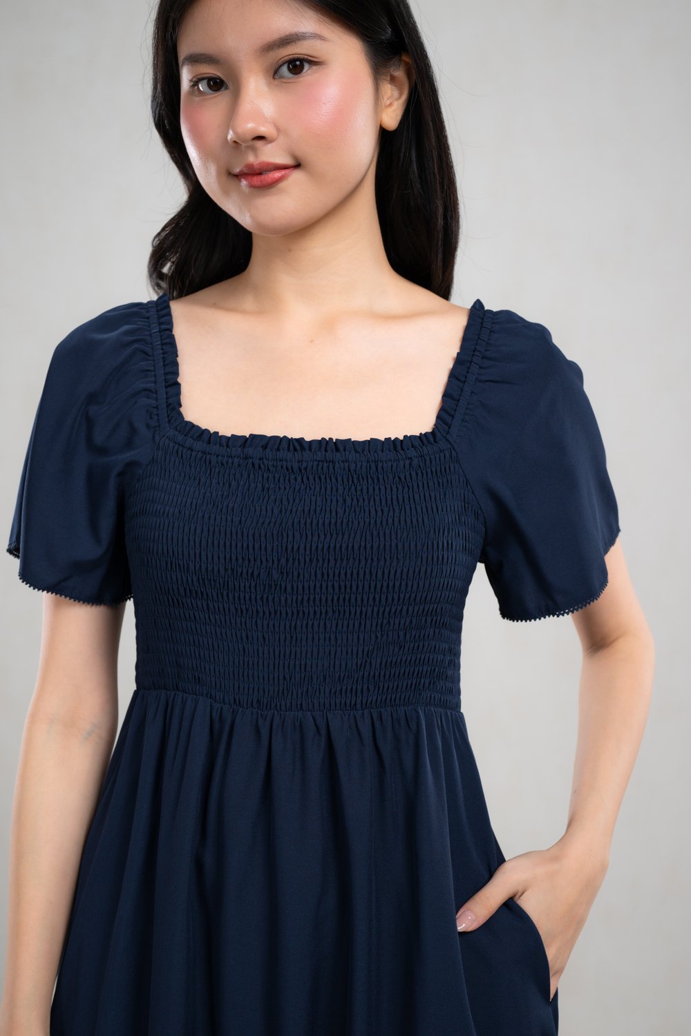 HALLIE NAVY SMOCKED MIDI DRESS