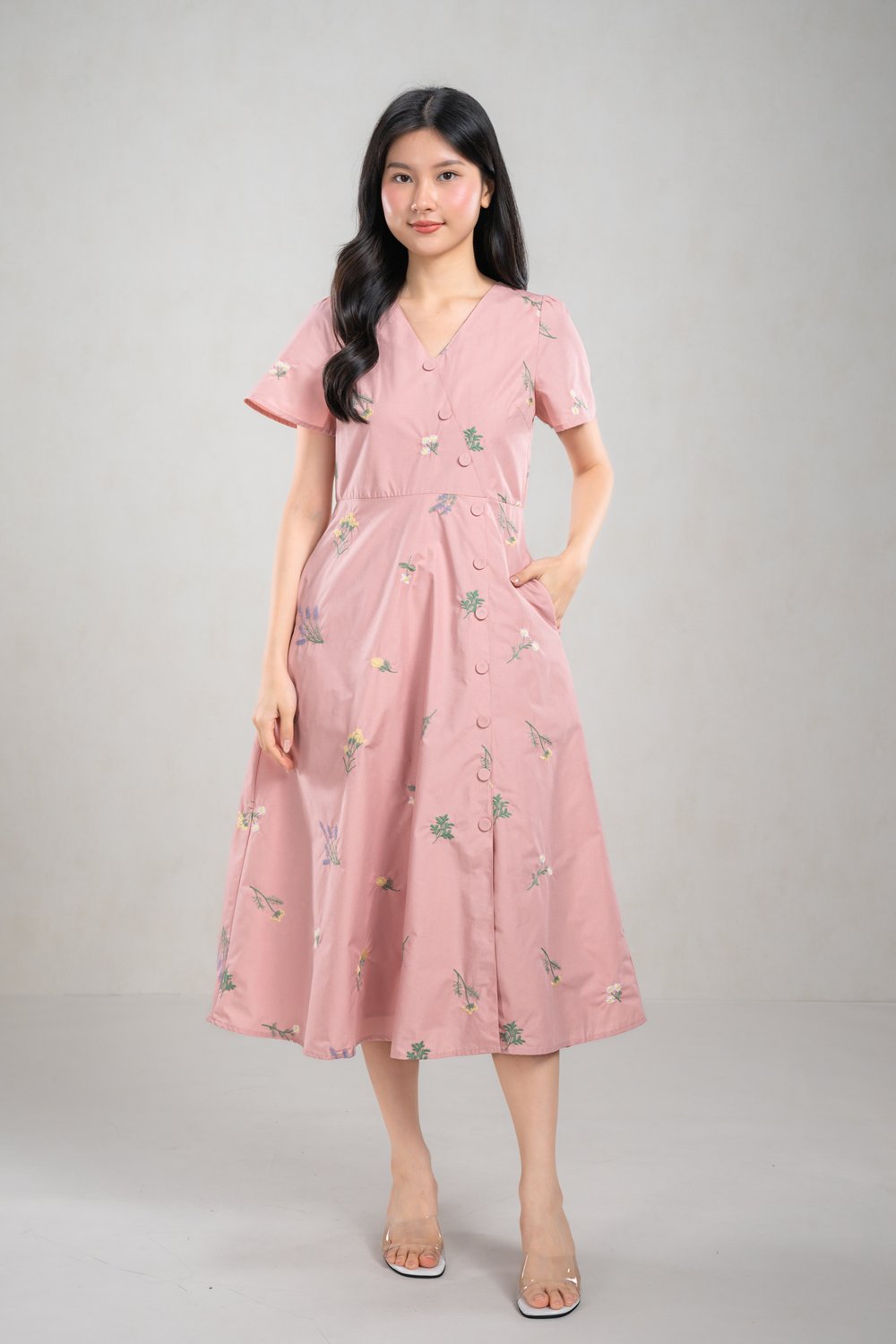 UVIA EMB. FLORAL V-NECK SLEEVED MIDI DRESS IN PINK