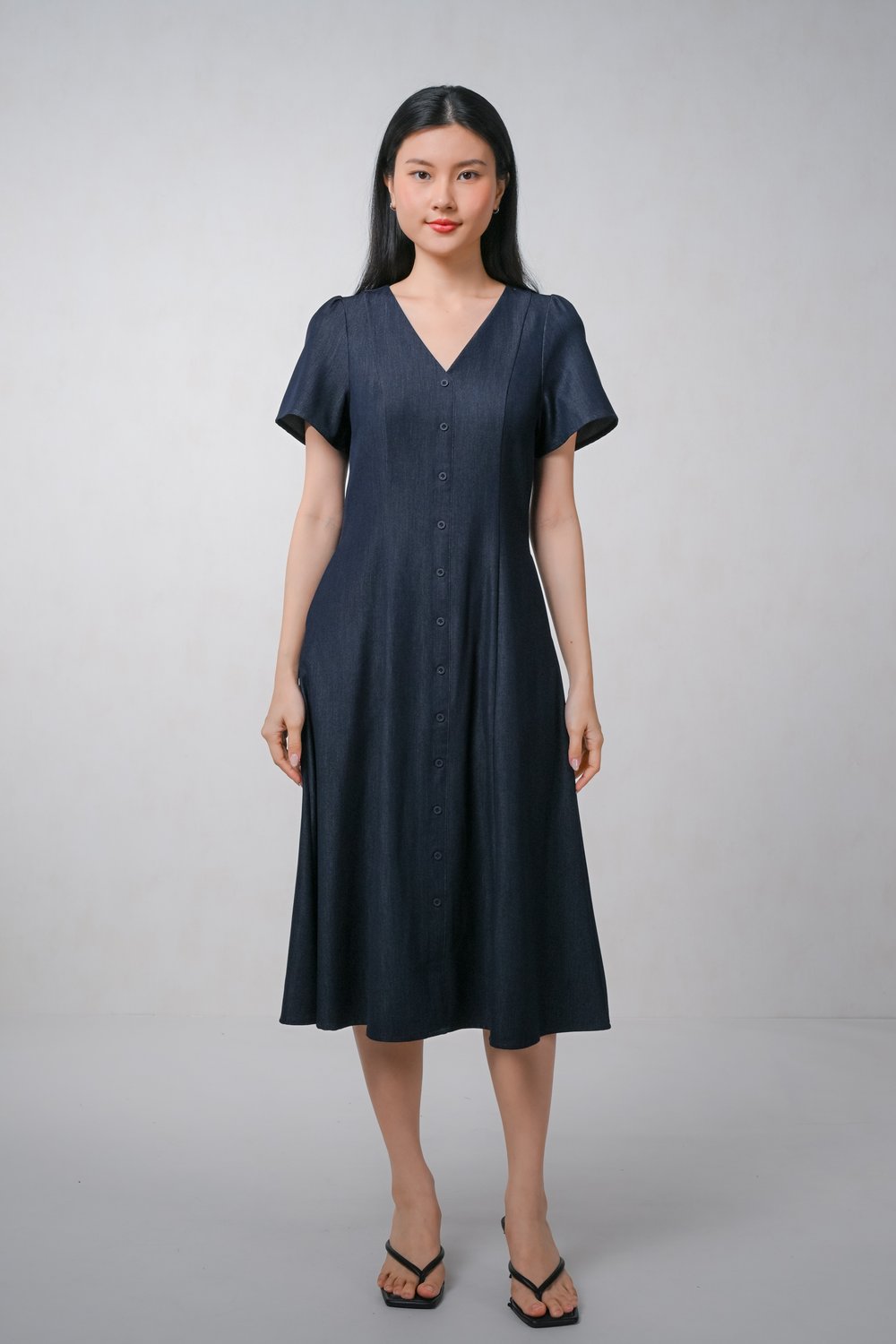 OLIVIA BUTTON MIDI DRESS IN DARK-WASH