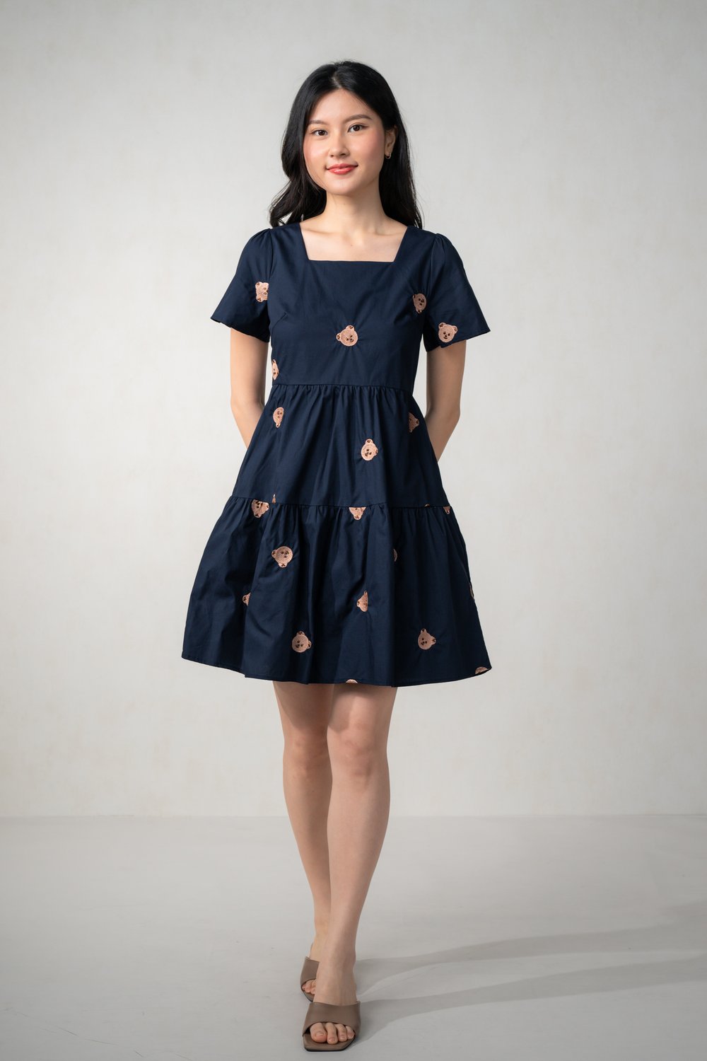 BEARY CUTE NAVY EMB. BABYDOLL DRESS