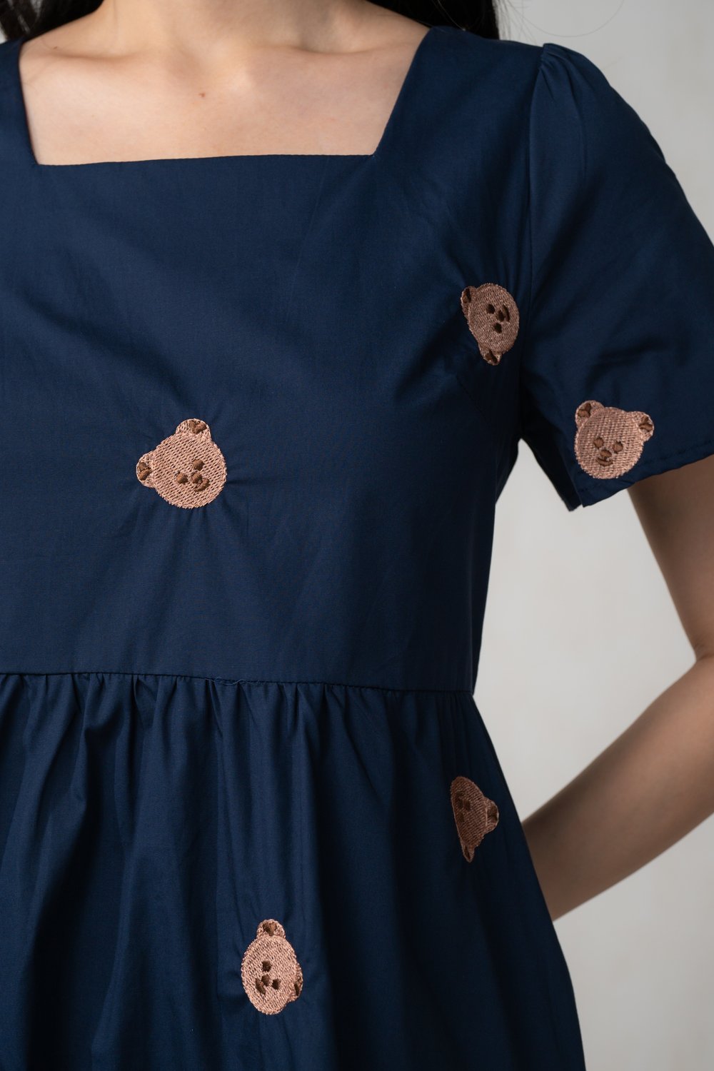 BEARY CUTE NAVY EMB. BABYDOLL DRESS
