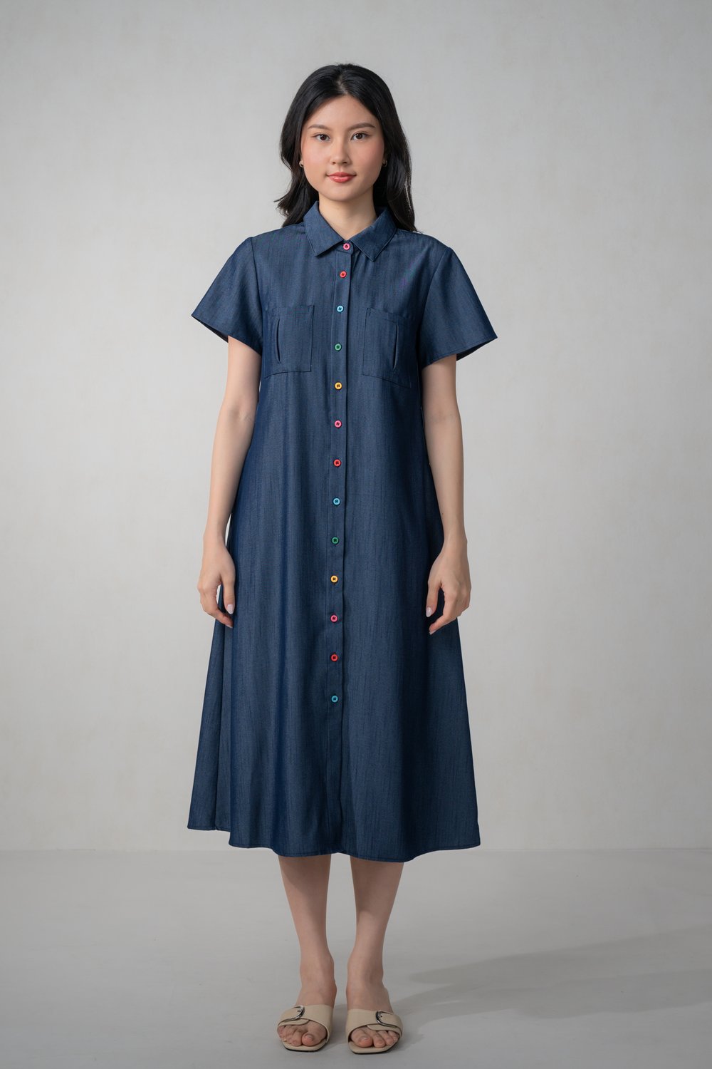 IMOGEN COLOURFUL-BUTTON MIDI SHIRTDRESS