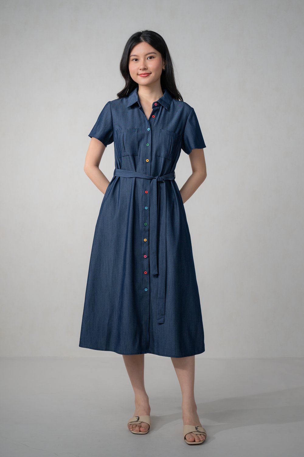 IMOGEN COLOURFUL-BUTTON MIDI SHIRTDRESS