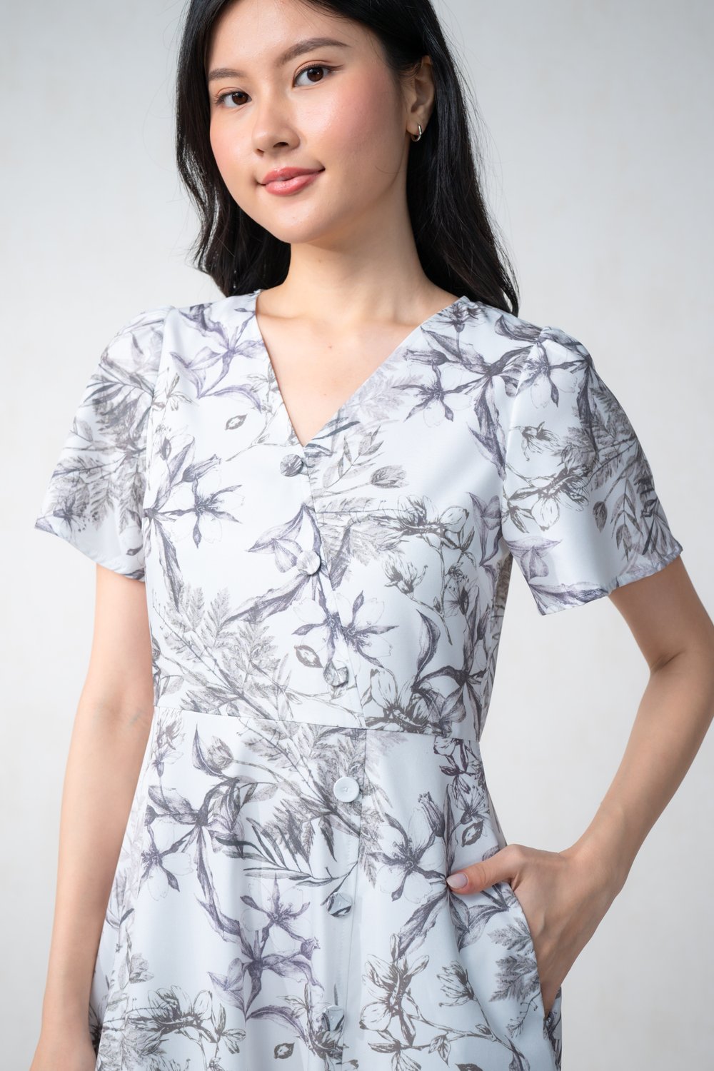 ALIXIA SLEEVED BUTTON MIDI DRESS