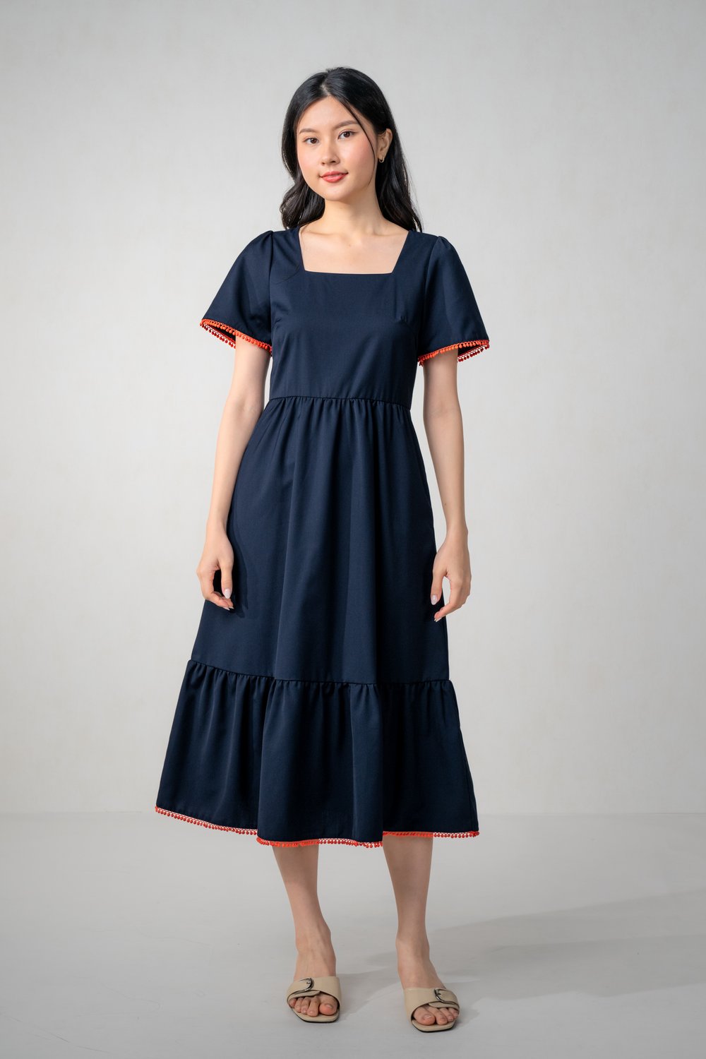 PERRIN NAVY POMPOM SLEEVED MIDI DRESS