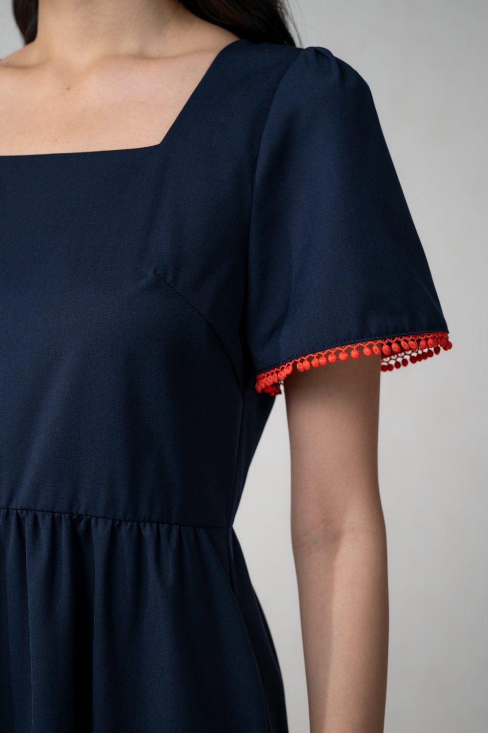 PERRIN NAVY POMPOM SLEEVED MIDI DRESS