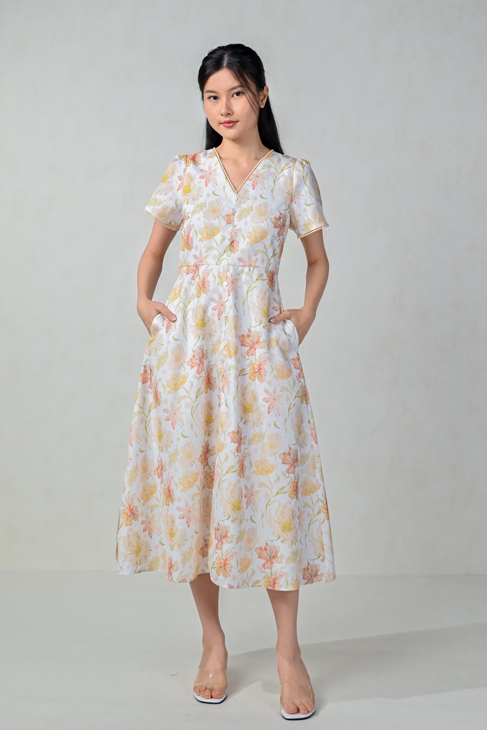 REMI FLORAL V-NECK SLEEVED BUTTON MIDI DRESS