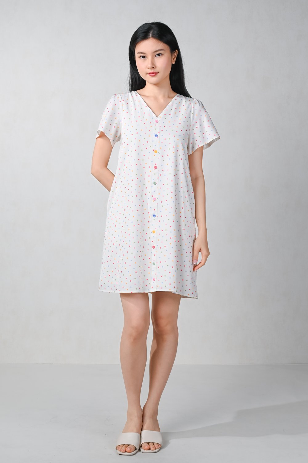 WONDER POLKA SLEEVED A-LINE BUTTON DRESS