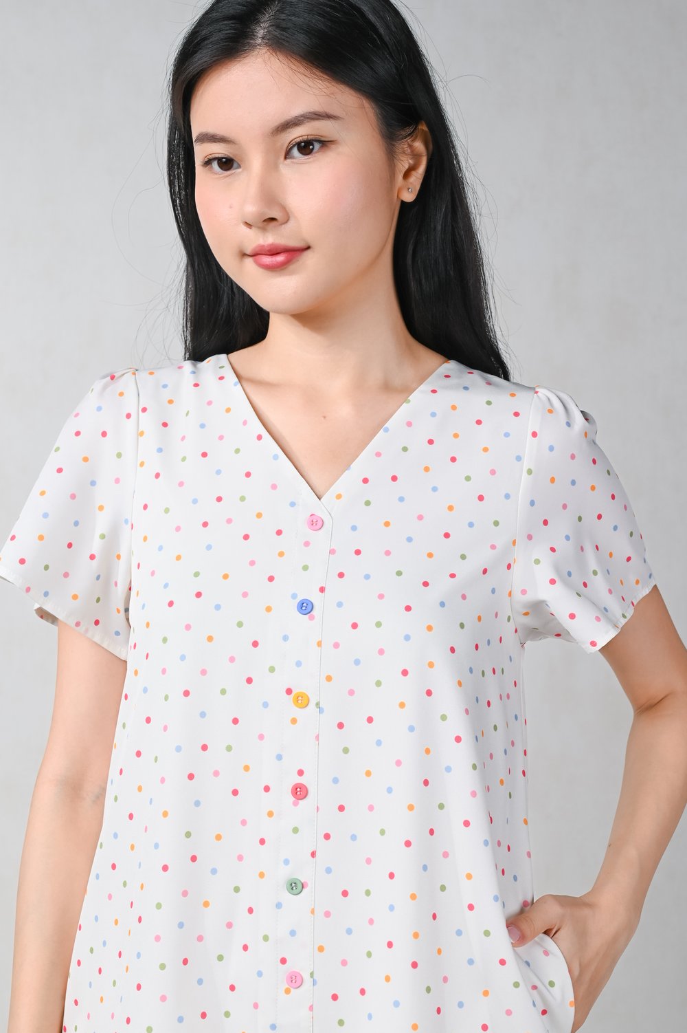 WONDER POLKA SLEEVED A-LINE BUTTON DRESS
