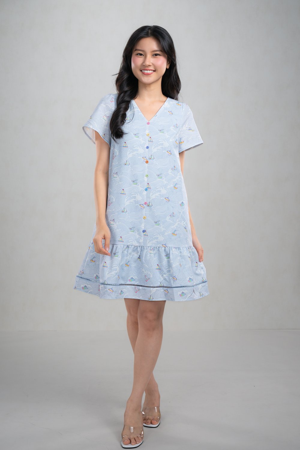 SUNNY SAILS V-NECK SLEEVED DROPWAIST DRESS