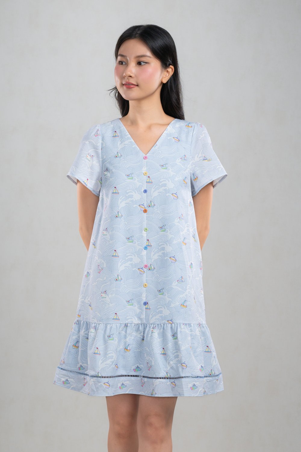 SUNNY SAILS V-NECK SLEEVED DROPWAIST DRESS