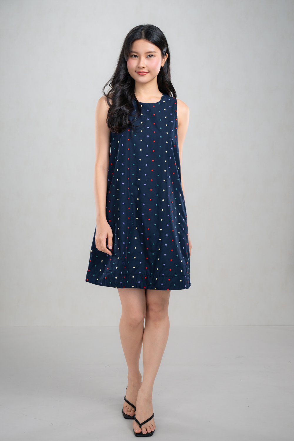KENSINGTON NAVY POLKA EMB. A-LINE DRESS