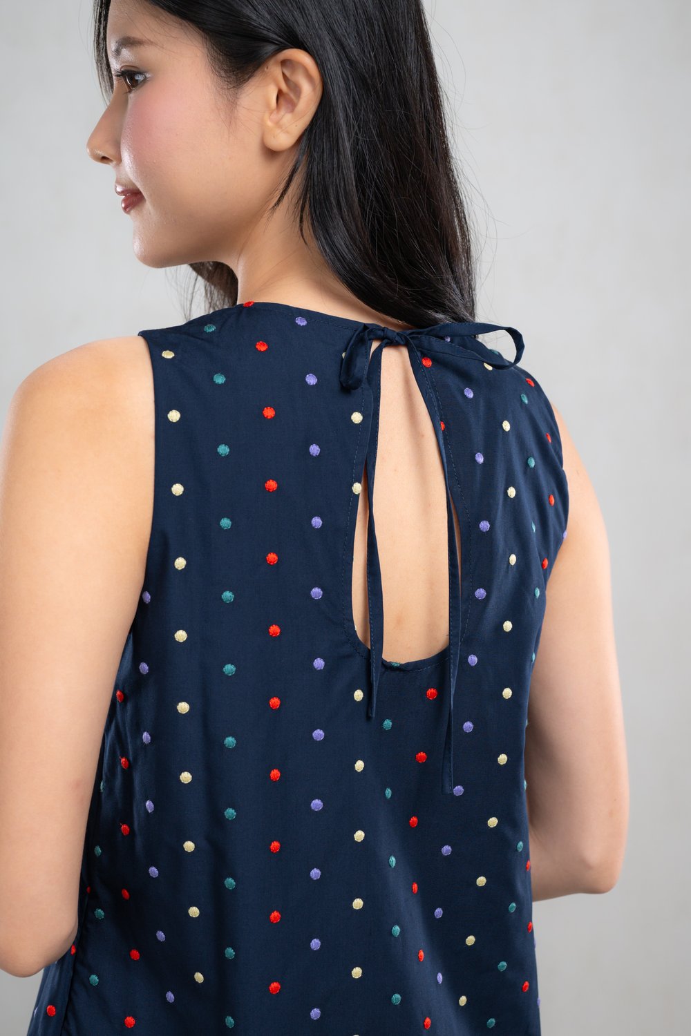 KENSINGTON NAVY POLKA EMB. A-LINE DRESS