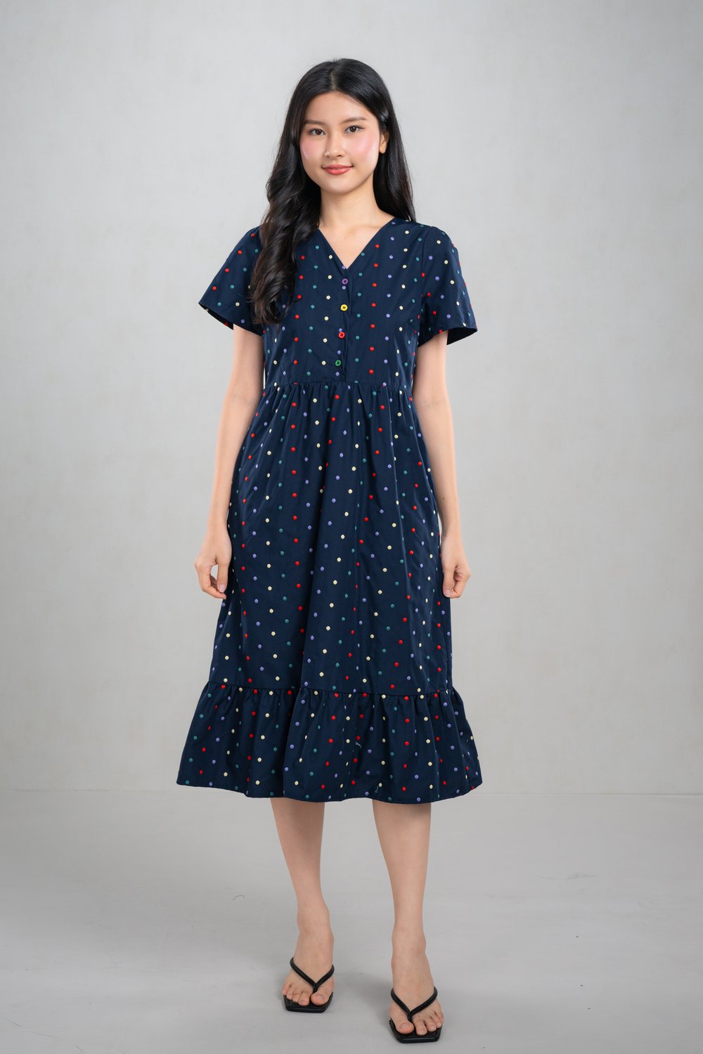 PARICA NAVY POLKA EMB. V-NECK SLEEVED DRESS