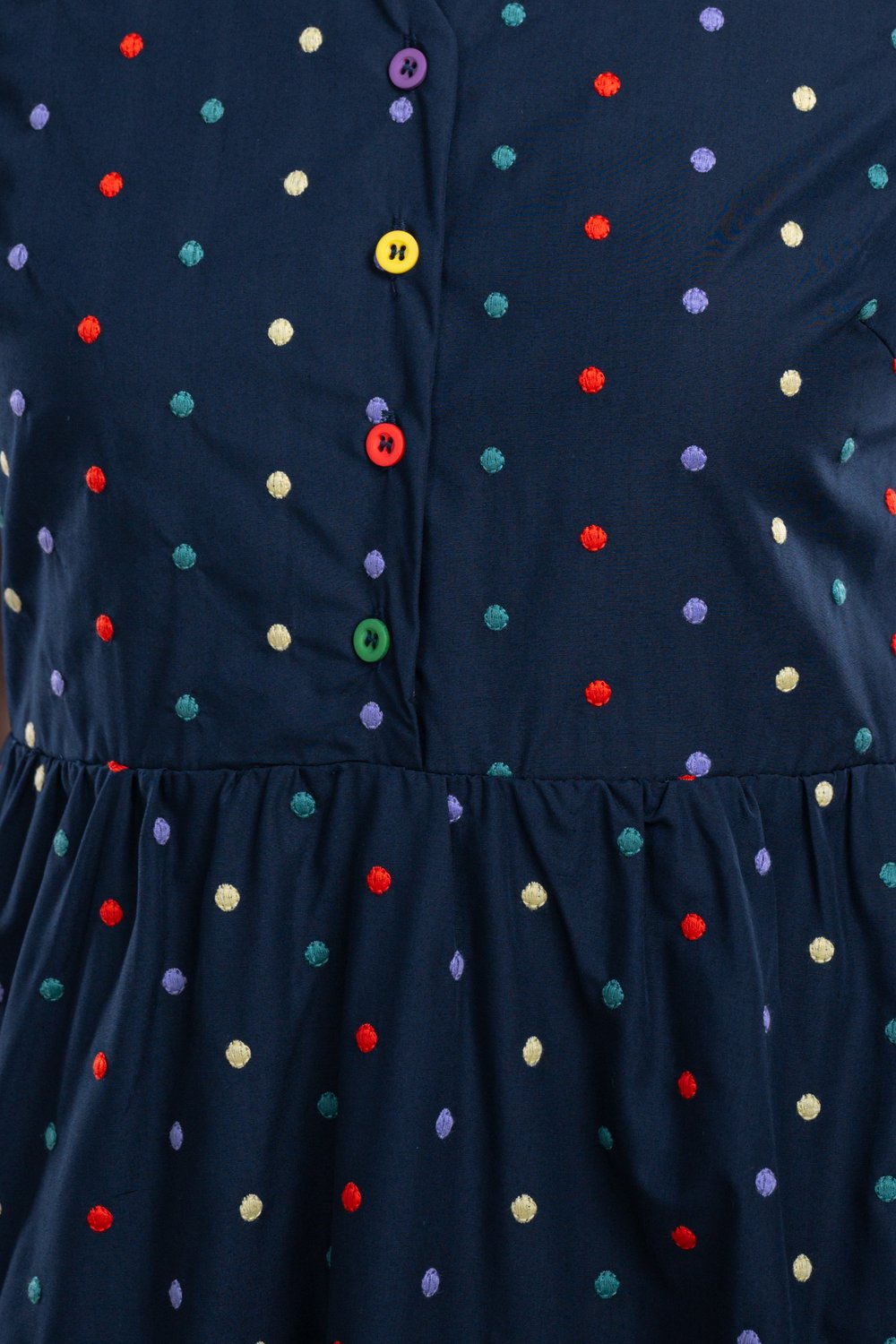 PARICA NAVY POLKA EMB. V-NECK SLEEVED DRESS