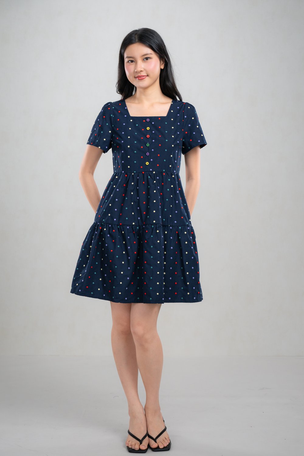 DAIRE NAVY POLKA EMB. SQUARE-NECK DRESS