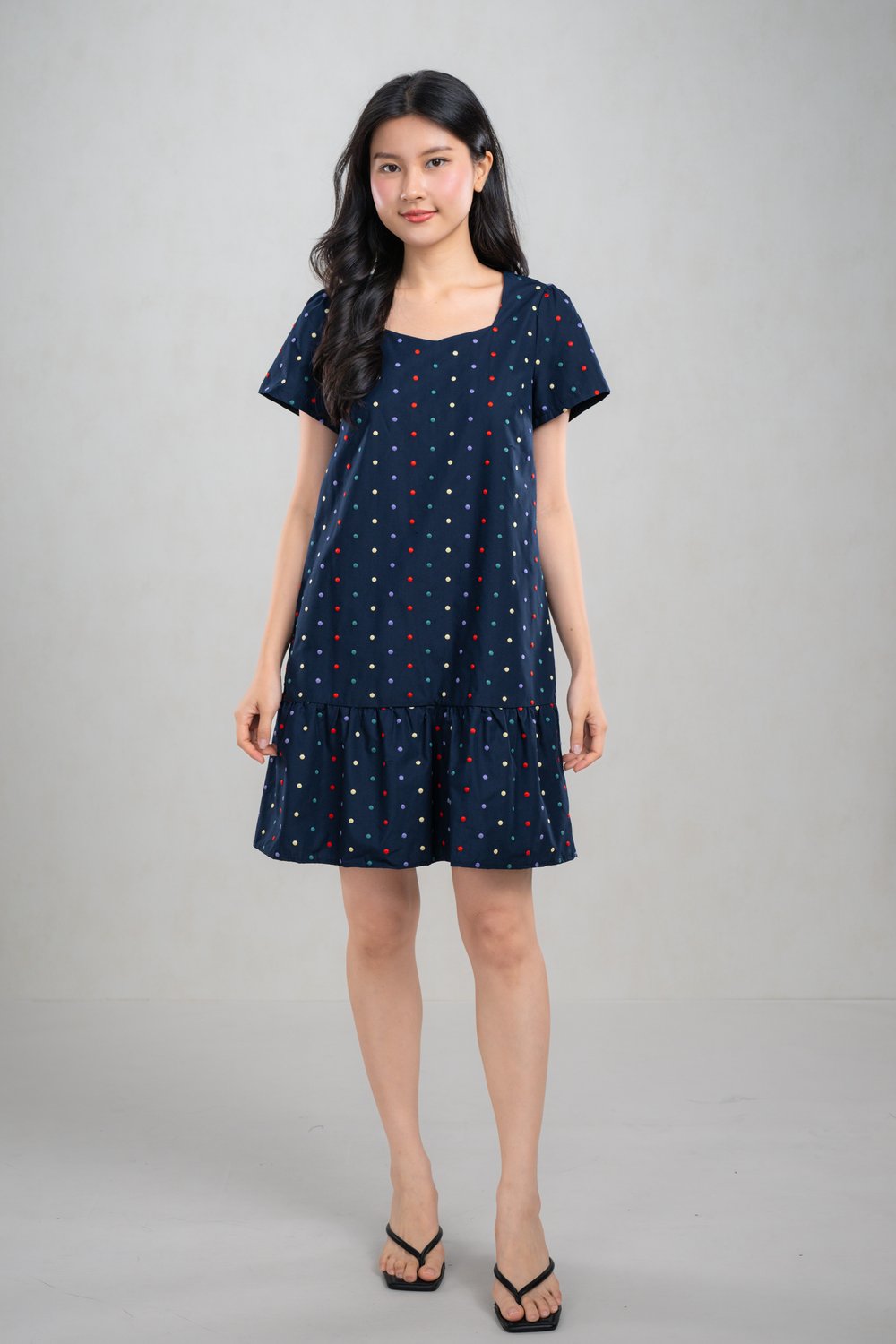 VYRENE NAVY POLKA EMB. SLEEVED DRESS