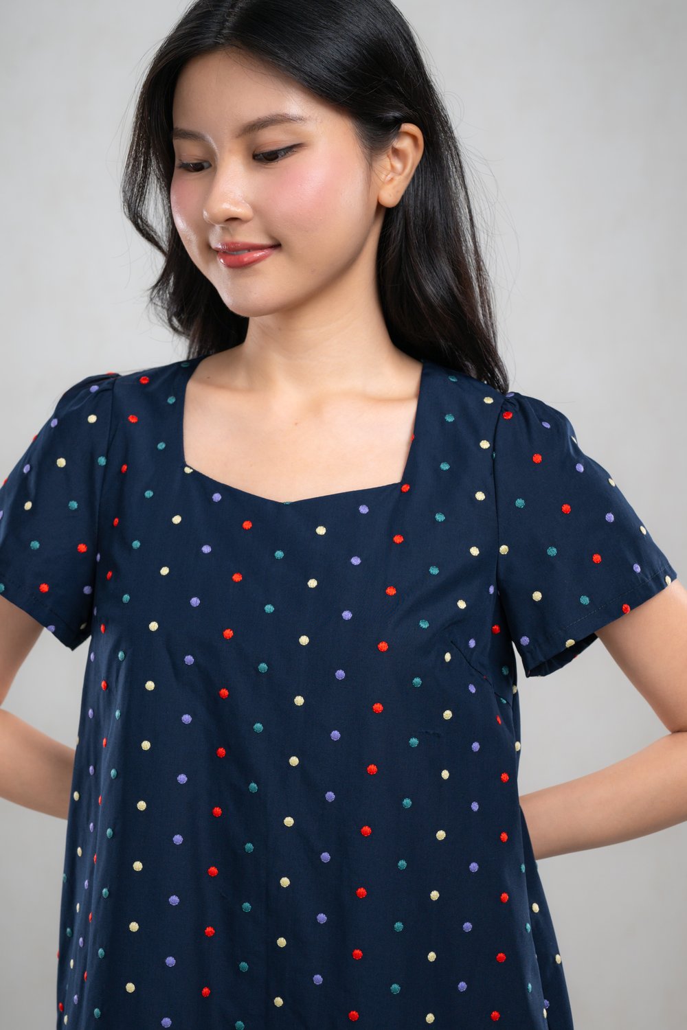 VYRENE NAVY POLKA EMB. SLEEVED DRESS