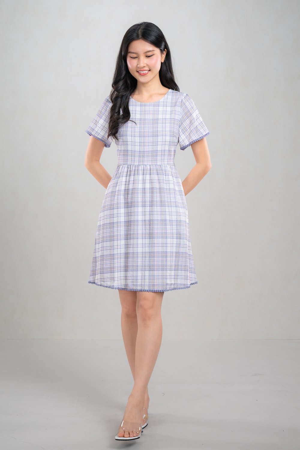 VEON PLAID ROUND-NECK DRESS IN LILAC