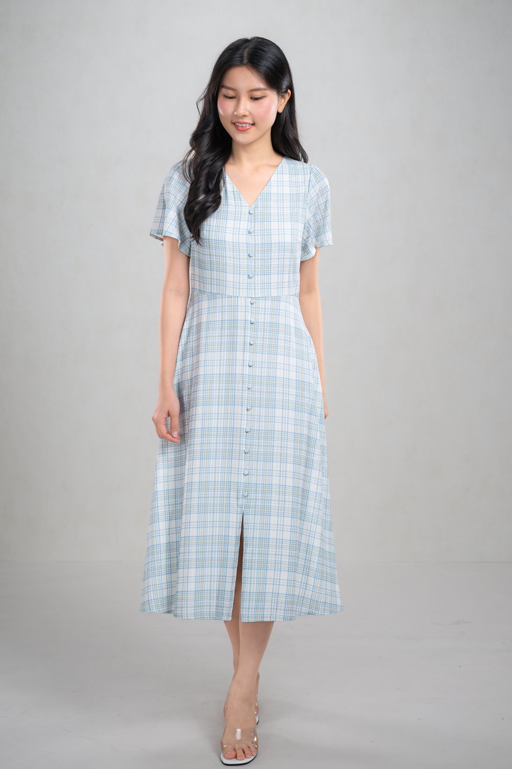 CAIRBRE PLAID SLEEVED BUTTON MIDI DRESS