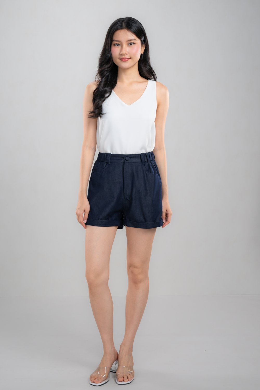 MARYNN DENIM ELASTIC-BACK SHORTS