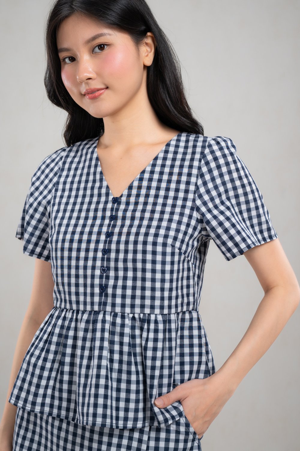 KERRIE GINGHAM SLEEVED PEPLUM TOP IN NAVY