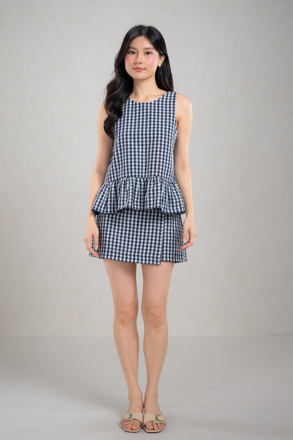 WYLIE GINGHAM SLEEVELESS TOP IN NAVY