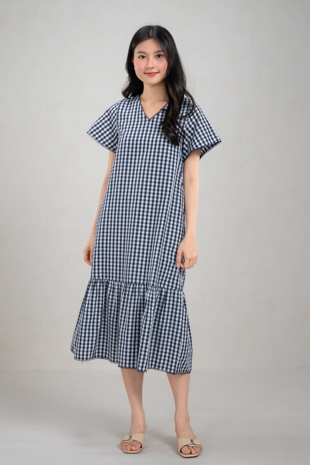 KATIE GINGHAM V-NECK SLEEVED A-LINE DRESS IN NAVY