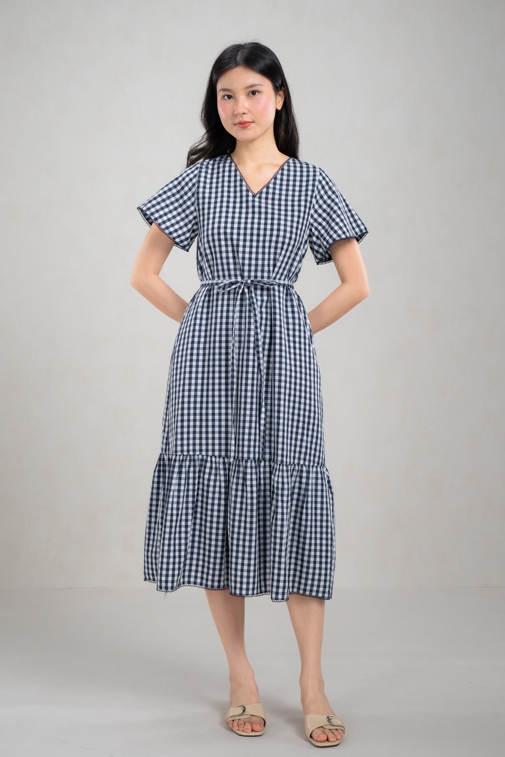 KATIE GINGHAM V-NECK SLEEVED A-LINE DRESS IN NAVY