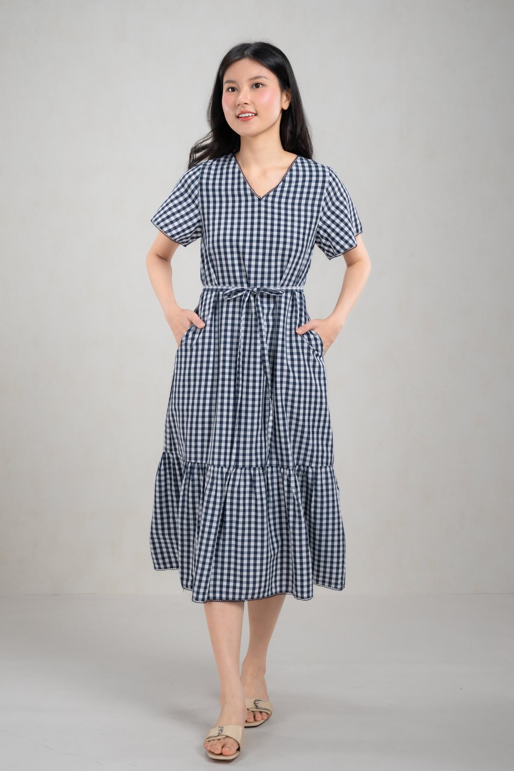 KATIE GINGHAM V-NECK SLEEVED A-LINE DRESS IN NAVY