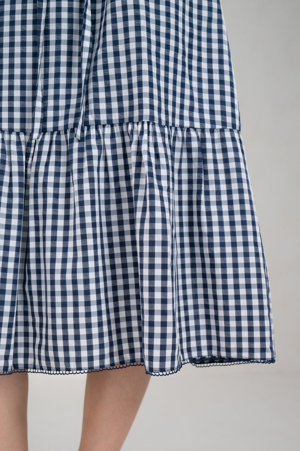 KATIE GINGHAM V-NECK SLEEVED A-LINE DRESS IN NAVY