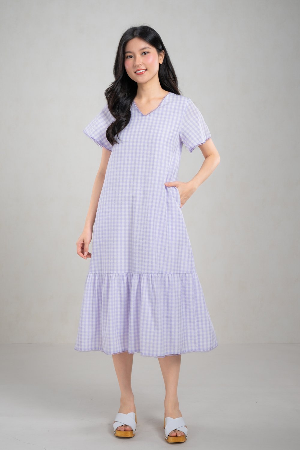 KATIE GINGHAM V-NECK SLEEVED A-LINE DRESS IN LILAC