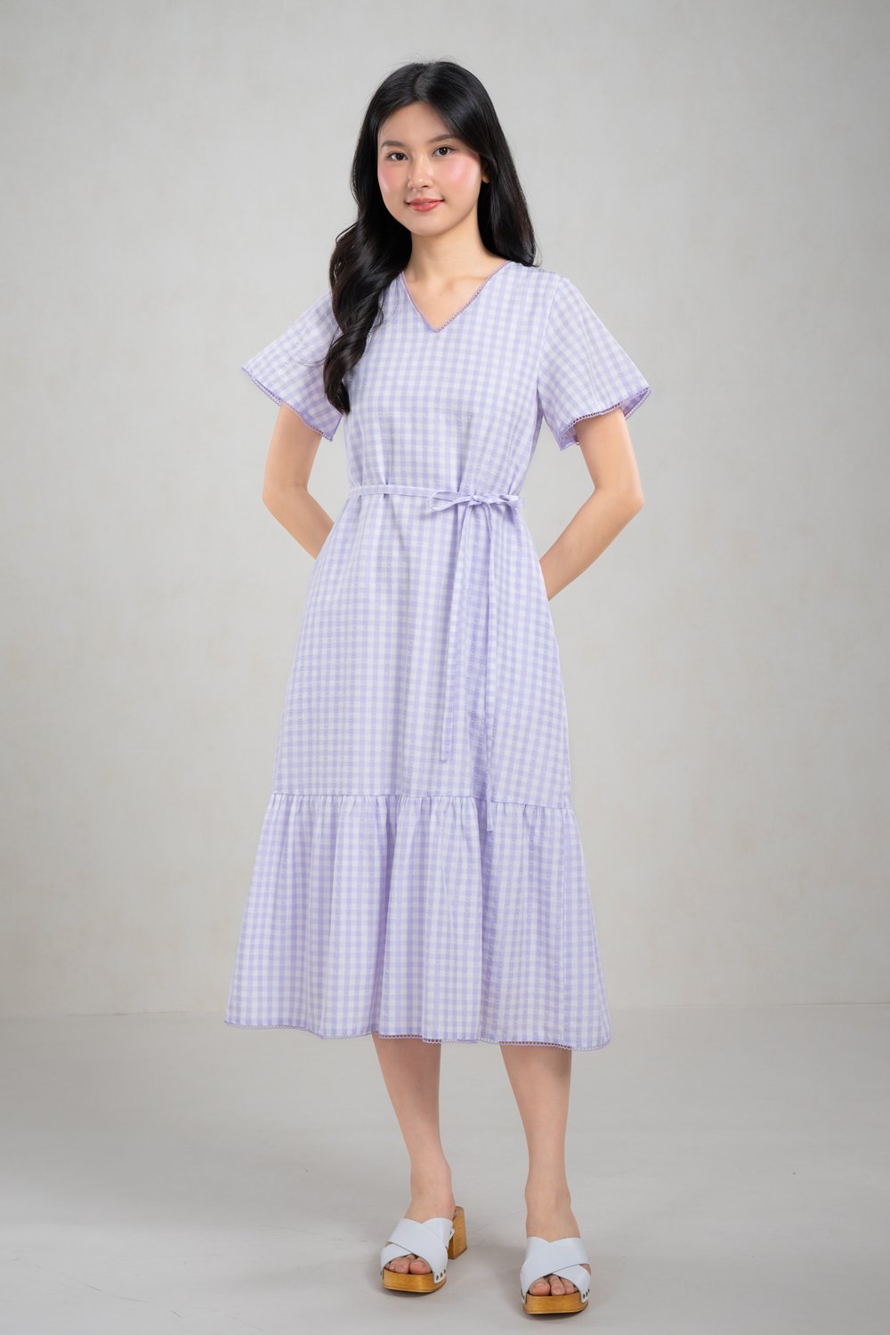 KATIE GINGHAM V-NECK SLEEVED A-LINE DRESS IN LILAC