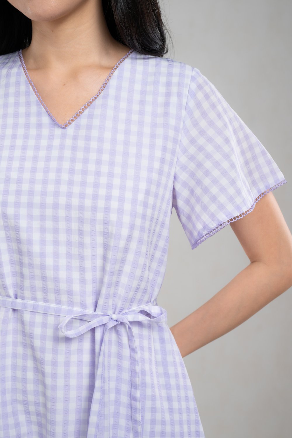 KATIE GINGHAM V-NECK SLEEVED A-LINE DRESS IN LILAC