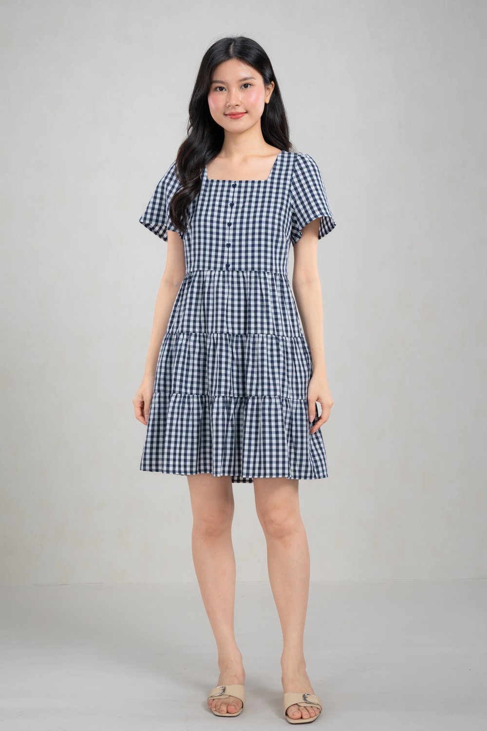 GERRIE GINGHAM SQUARE-NECK BABYDOLL DRESS IN NAVY